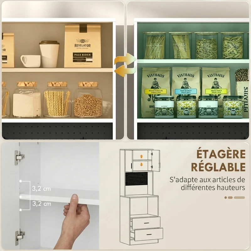HOMCOM Meuble micro-ondes, buffet, 2 tiroirs, 2 portes, plan de travail, étagère réglable, panneau perforé, 4 crochets, blanc