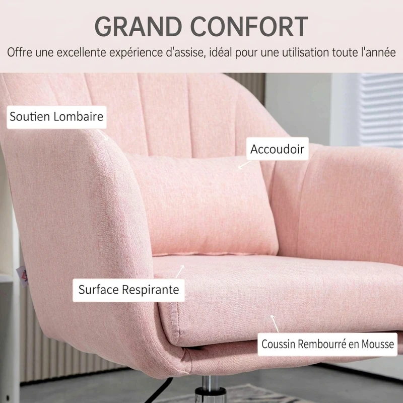 HOMCOM Fauteuil de salon coussins lombaires hauteur réglable pivotant 360° piètement en métal rose