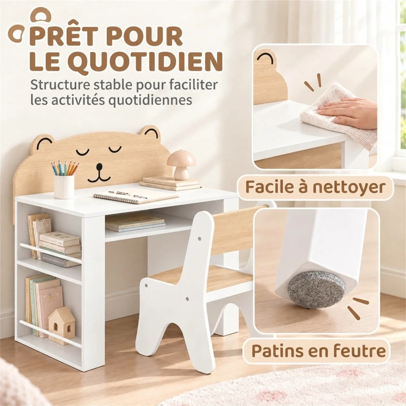 AIYAPLAY Bureau et Chaise pour Enfant 2 Pièces, Ensemble Table d'Activité avec Bibliothèque pour Dessin, Lecture et Jeux, Blanc