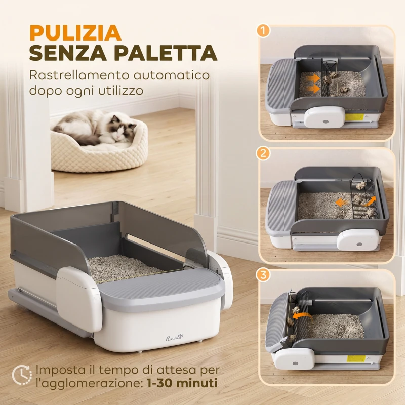PawHut Lettiera Gatto Autopulente Controllo App WIFI, Design Aperto, Contenitore Rifiuti 10L, Gatti 1.5-8 kg