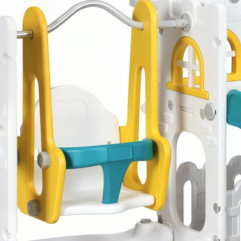 AIYAPLAY 6-in-1 Swing and Slide Set, Kids Playground with Basketball Hoop, Telescope, Storage Space - Yellow