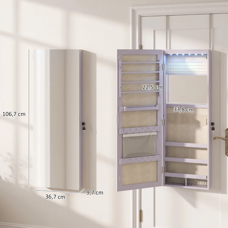 HOMCOM Espelho para Joias de Parede com Luzes LED, Espelho Interior Rebatível e Fechadura, para Parede ou Porta, Roxo