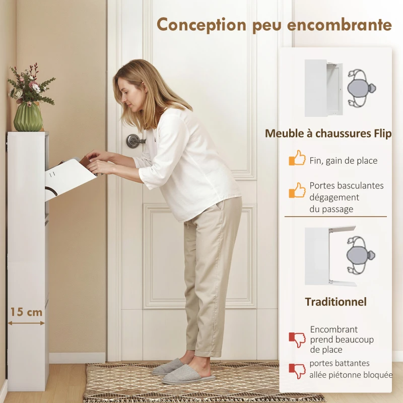 HOMCOM Meuble à Chaussures en Métal 6 Paires, Armoire à Chaussures Étroite avec 3 Tiroirs Rabattables, 55x15x105,5cm, Blanc