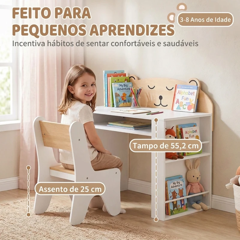 AIYAPLAY Mesa e Cadeira Infantil para Ler e Desenhar, com Estante e Gaveta, Branco e Madeira