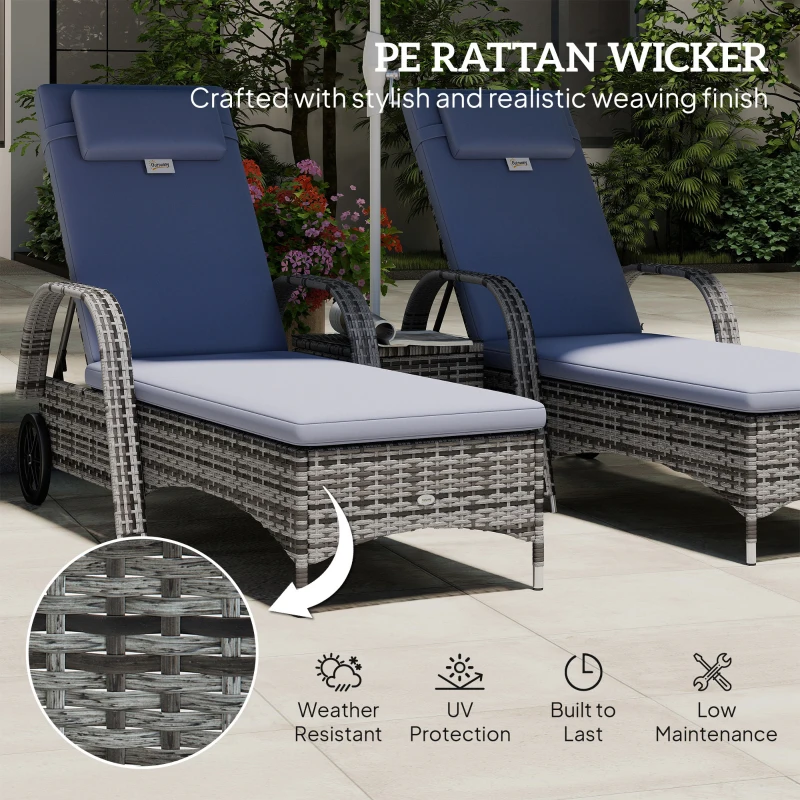 Outsunny 3 Pieces Rattan Sun Loungers, Garden Wicker Wheeling Recliner , PE Rattan Lounge Chairs, Grey