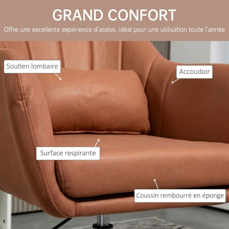 HOMCOM Fauteuil de salon coussins lombaires hauteur réglable pivotant 360° piètement en métal marron