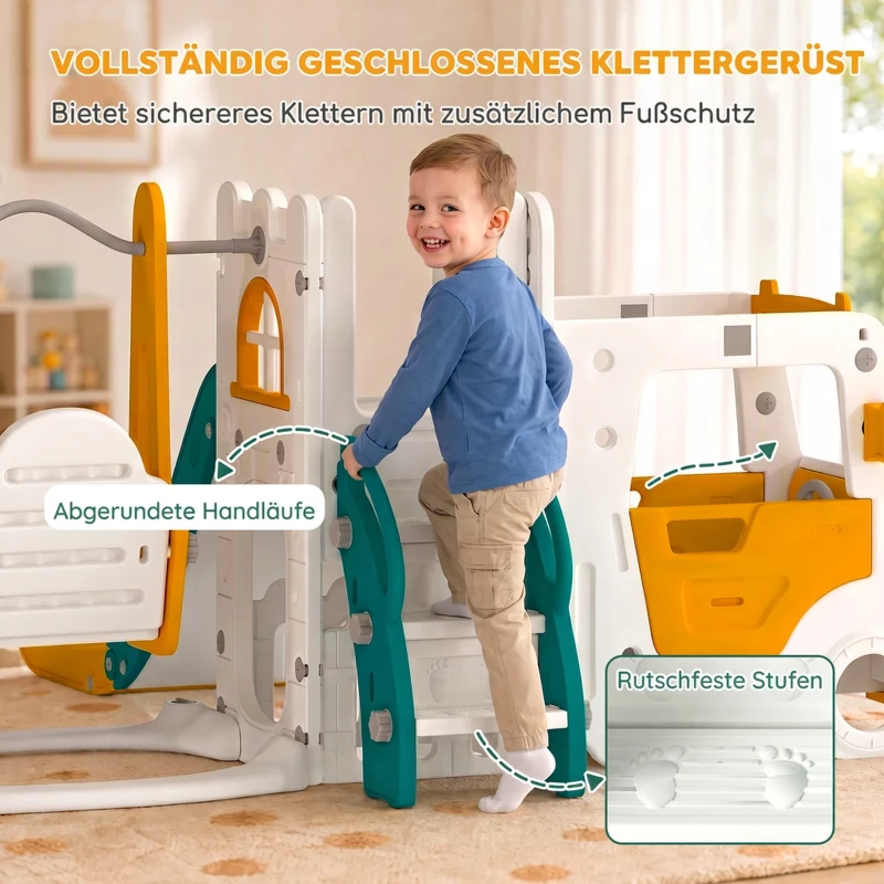 AIYAPLAY 7-in-1 peuterglijbaan met schommel, kinderspeelset in autodesign voor binnen en buiten, met stuur en claxon, wit