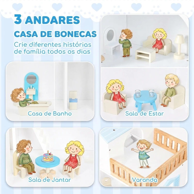 AIYAPLAY Casa de Bonecas de Madeira com 3 Pisos Elevador e Varanda 5 Divisões e 13 Móveis para Crianças dos 3 aos 6 Anos Azul