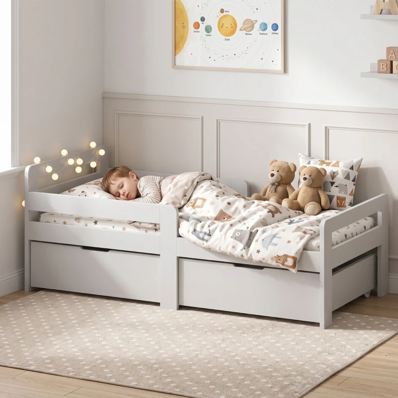 AIYAPLAY Wooden Kids Bed Frame with 2 Storage Drawers and Guard Rails for Ages 4-14, 144 x 76 x 57 cm (No Mattress), Grey