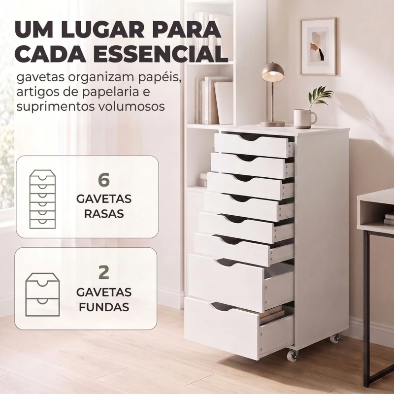 HOMCOM Bloco de Gavetas com 8 Gavetas e Rodas, Gaveteiro de Escritório, Suporte para Impressora, Branco
