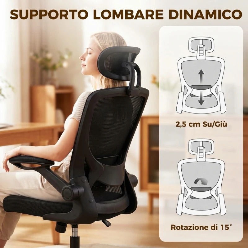 HOMCOM Sedia da Ufficio Ergonomica in Rete con Supporto Lombare, Poggiatesta e Altezza Regolabile, Dondolo, Nera
