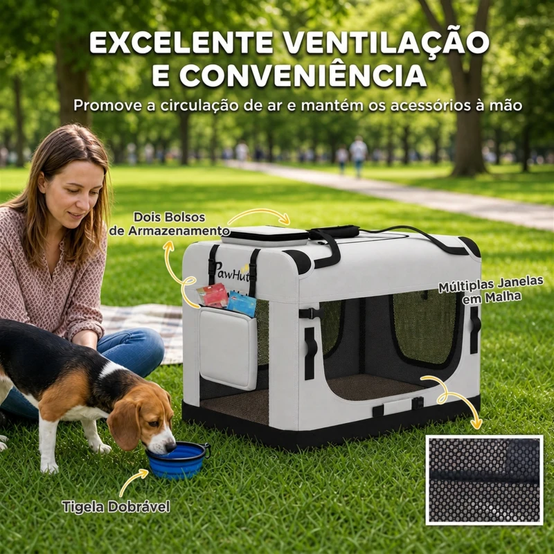 PawHut Transportadora Dobrável para Cães e Gatos 70x52x50 cm com Correia para Carro, Almofada Lavável, Taça Dobrável e 2 Bolsos, Cinzento-Claro