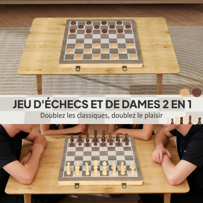 SPORTNOW Jeu d'Échecs 2 en 1 Échecs Dames, Pliable et Portable, Pièces en Bois de Pin, Rangement Intégré, 38,5x38,5x2,8cm, Marron