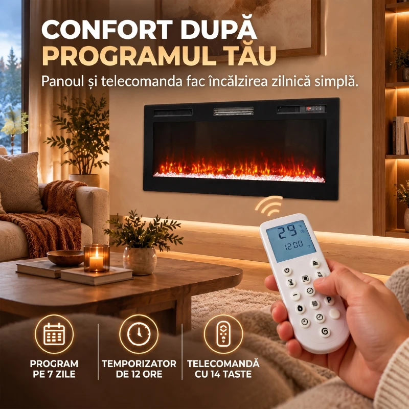 HOMCOM Șemineu electric 102 cm, încastrabil/perete/podea, 900/1800W, telecomandă, timer, negru