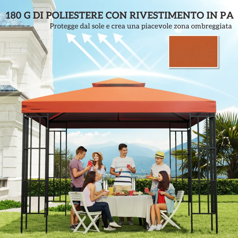 Outsunny Copertura per Gazebo 3x3 m a 2 Livelli in Poliestere Resistente con 8 Fori di Drenaggio, Rosso Ruggine