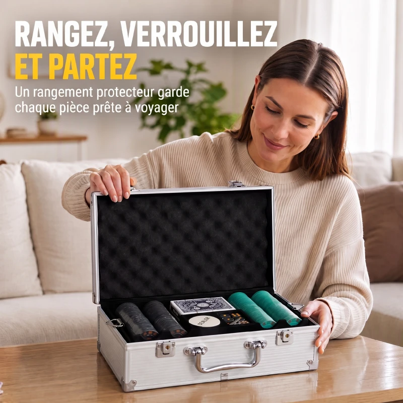 SPORTNOW Mallette de Poker 500 Jetons 5 Valeurs, 2 Jeux de Cartes, Tapis de Jeu, Bouton Dealer, Blind, Alu, 31x17x11,5cm, Argenté
