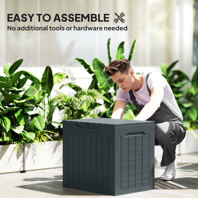 Outsunny 97L Plastic Garden Storage Box, Outdoor Storage Box with Handles, Waterproof Outdoor Storage Container, Dark Grey