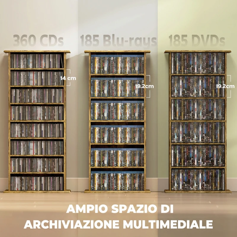HOMCOM Scaffale Porta CD con 6 Ripiani Regolabili, Capacità di 360 CD/185 DVD, 58x24x124.5 cm, Marrone Rustico