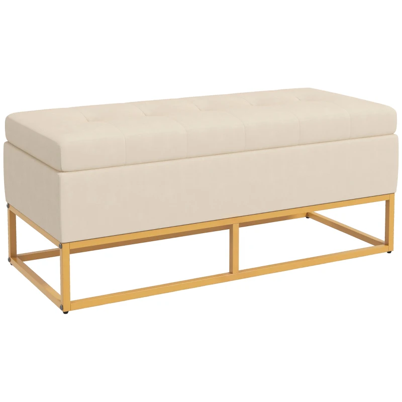 HOMCOM Sitzbank mit Stauraum, dekorative Knopfheftung, Flanelloptik, goldfarbene Stahlbeine, 110 x 47 x 46,5 cm