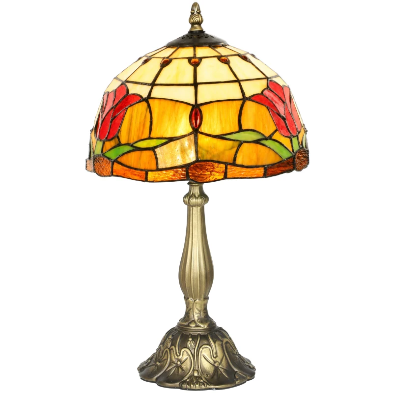 HOMCOM Tiffany Stained Glass Table Lamp, Handcrafted Artisan Lamp, Red, Ø25 x 45H cm, Zinc Alloy