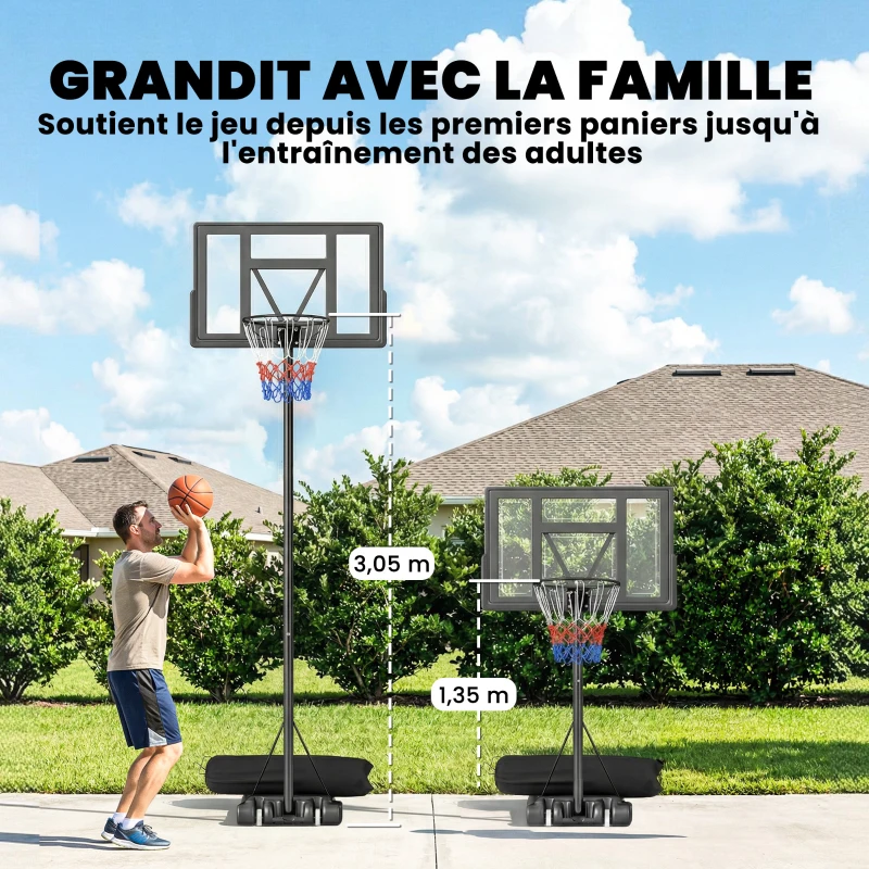 SPORTNOW Panier de Basket Extérieur Portable, Hauteur Réglable 1,35-3,05 m avec Manivelle, Base Stable, Panneau Incassable, Noir