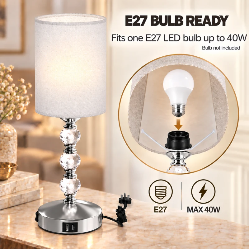 HOMCOM Bedside Lamp, Modern Crystal Decoration Table Lamp w/ PVC shade, USB A+C Charging Ports, Bulb Not Included, Silver Tone