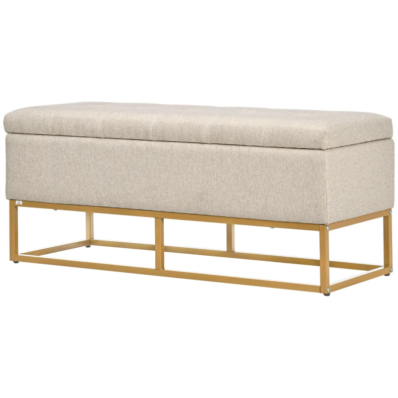 HOMCOM Banqueta con Almacenamiento Banco Rectangular Tapizado en Lino con Tapa Abatible y Patas de Acero 110x44x48 cm Beige