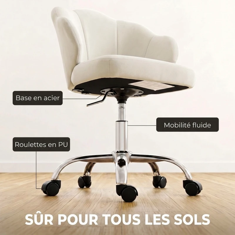 HOMCOM Chaise Bureau en Velours, Chaise Coiffeuse avec Dossier en Pétale, Hauteur Réglable, Fonction Bascule, Crème