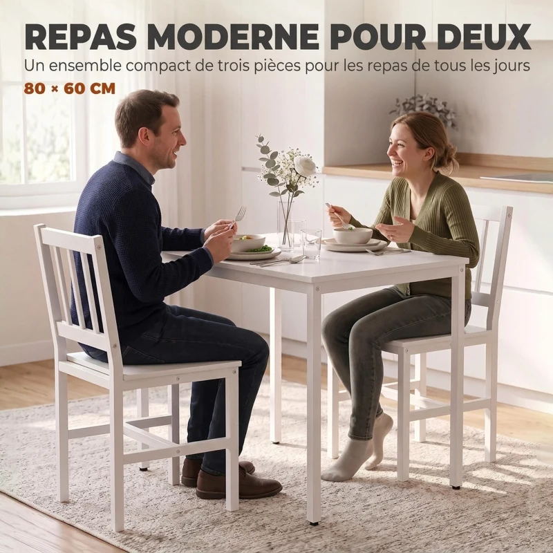 HOMCOM Ensemble Table Salle à Manger avec 2 Chaises, Table de Cuisine Rectangulaire 80 cm, Chaises à Dossier à Lattes, Blanc