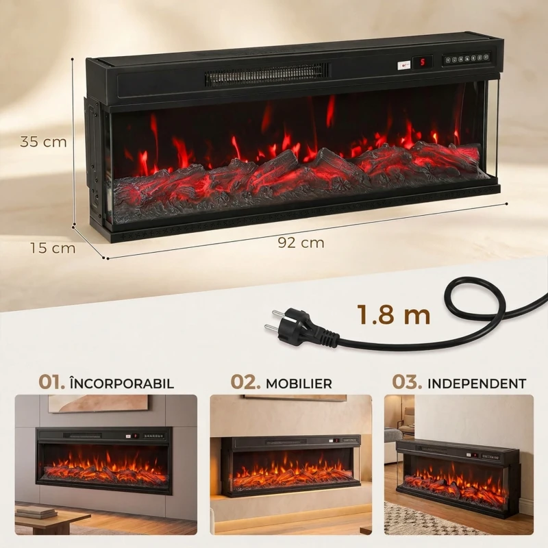 HOMCOM Șemineu Electric de Podea/Încastrabil, 3 Laturi, cu Telecomandă, 750/1500W, Efect Flacără 3D 12 Culori, 5 Niveluri de Luminozitate