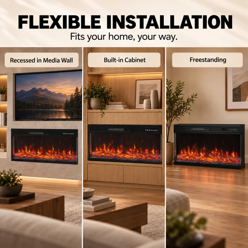 HOMCOM 40" Electric Fireplace Insert, 3-Sided Freestanding/Wall Recessed Electric Fire Heater with Adjustable Flame, 1800W