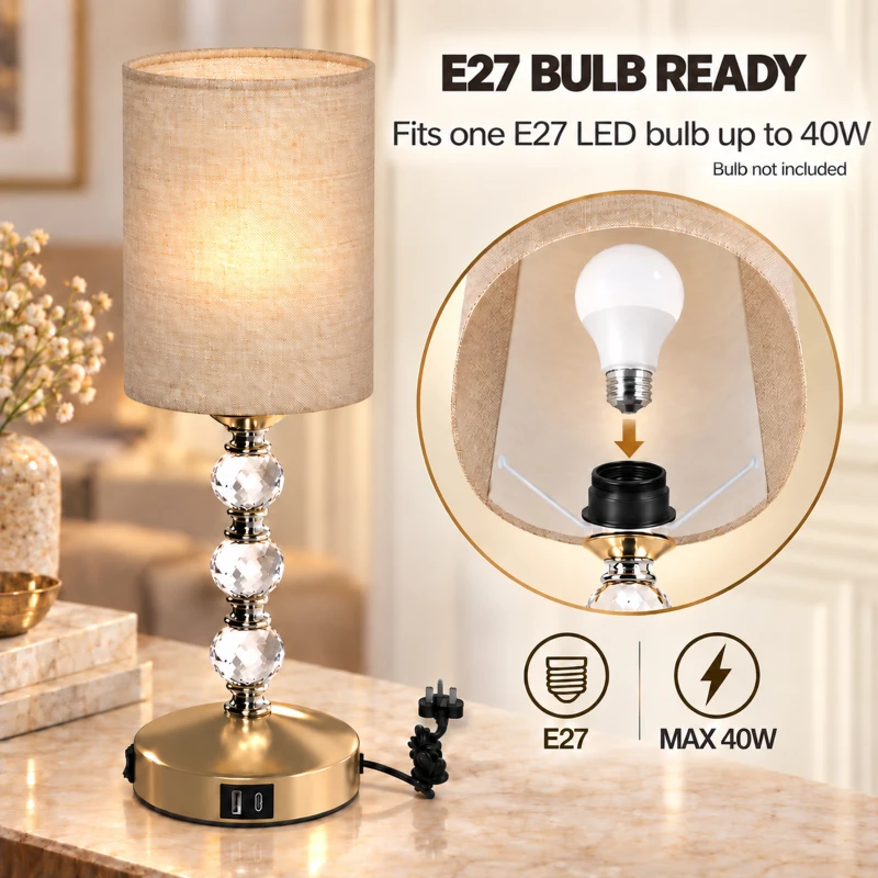 HOMCOM Bedside Lamp, Modern Crystal Decoration Table Lamp with PVC shade, USB A+C Charging Ports, Bulb Not Included, Gold Tone