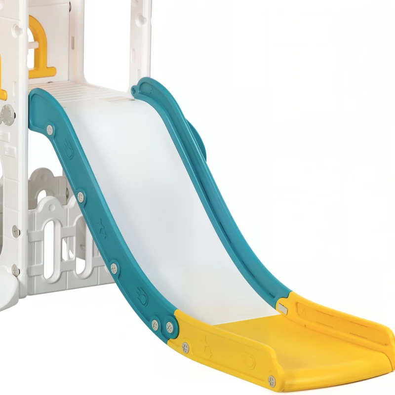 AIYAPLAY 6-in-1 Swing and Slide Set, Kids Playground with Basketball Hoop, Telescope, Storage Space - Yellow