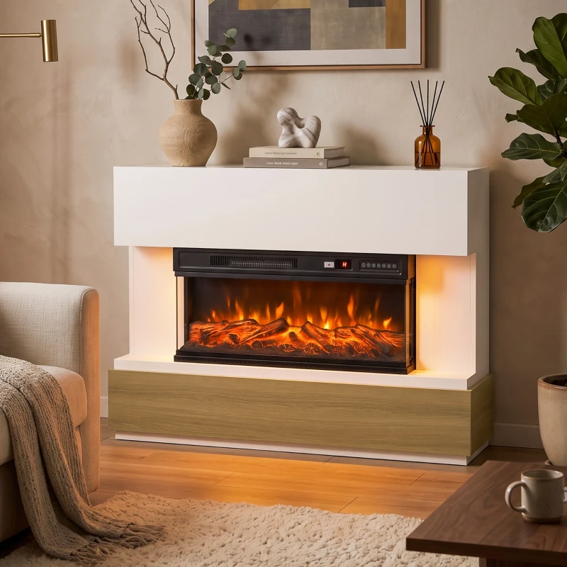 HOMCOM Șemineu Electric 117 cm cu 3 Laturi, pentru TV 55", 900/1800 W, 12 Culori Flacără 3D, Alb