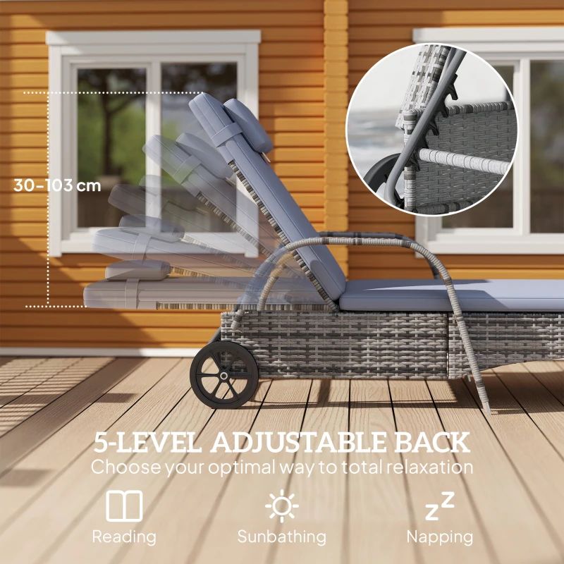 Outsunny 3 Pieces Rattan Sun Loungers, Garden Wicker Wheeling Recliner , PE Rattan Lounge Chairs, Grey