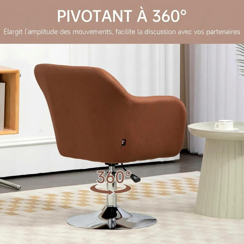 HOMCOM Fauteuil de salon coussins lombaires hauteur réglable pivotant 360° piètement en métal marron