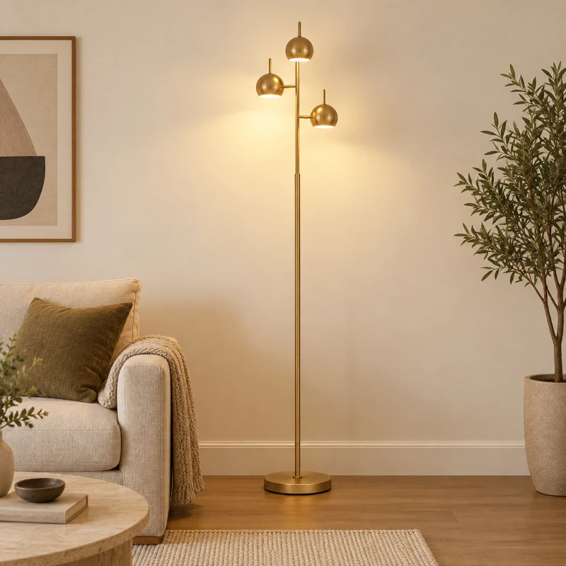 HOMCOM 350° verstelbare vloerlamp voor woonkamer en kantoor, staande lamp met 3 stalen kappen, goudkleurig