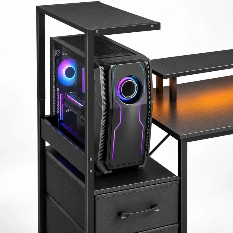 HOMCOM Bureau Gaming 147 x 47 cm, Éclairage RGB, Prises et Ports USB, Support pour Unité Centrale Réglable et Réversible, Noir