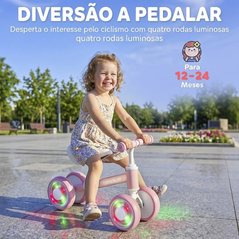 AIYAPLAY Bicicleta sem Pedais com Limite de Direção de 135°, Assento Ajustável, 4 Rodas EVA com Luzes, para Crianças de 1 a 2 Anos, Cor-de-Rosa