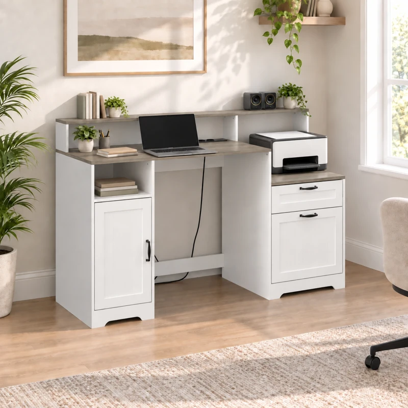 HOMCOM Schreibtisch 140 cm mit Ladestation, Schubladen und Schrank, Steckdosen, Ablage für Drucker und Monitor, Braun und Weiß