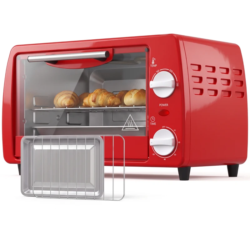 HOMCOM Mini cuptor electric 10L, 750W, cu temperatură reglabilă și timer, 36,5x26x22 cm, roșu