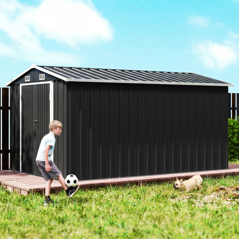 Outsunny Abri de Jardin en Métal 8,1m² Toit Pointu, Portes Verrouillables, 4 Aérations, 364x238x194cm, Gris Foncé