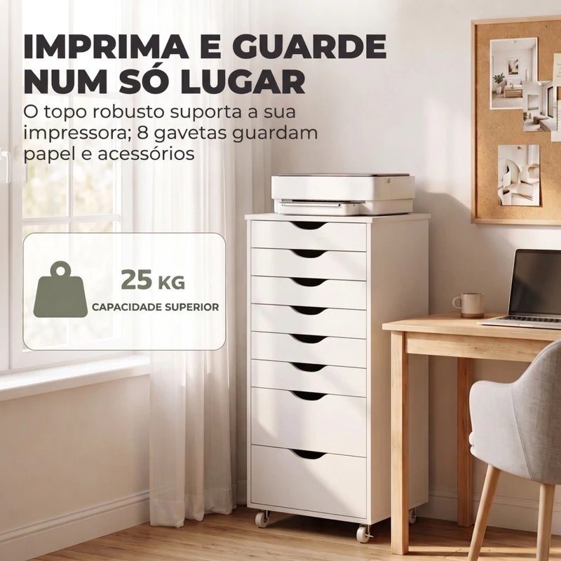 HOMCOM Bloco de Gavetas com 8 Gavetas e Rodas, Gaveteiro de Escritório, Suporte para Impressora, Branco