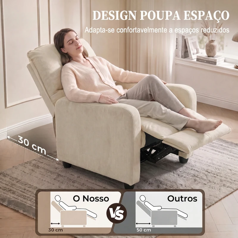 HOMCOM Poltrona Reclinável em Tecido Aspeto Linho com Apoio para os Pés Creme