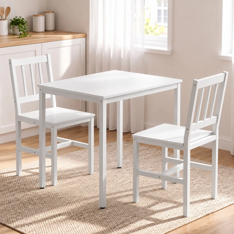 HOMCOM Ensemble Table Salle à Manger avec 2 Chaises, Table de Cuisine Rectangulaire 80 cm, Chaises à Dossier à Lattes, Blanc