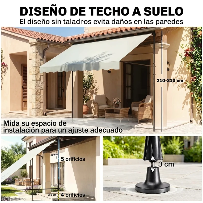 Outsunny Toldo Manual Retráctil 300x175x210-310 cm Ajustable con Manivela Protección Solar UV40+ para Balcón Terraza Crema
