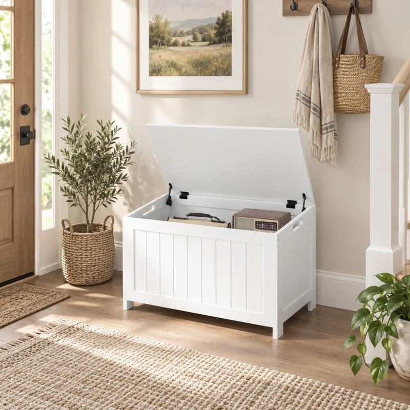 HOMCOM Storage Chest, Modern Storage Trunk with 2 Safety Hinges and Cut-out Handles, Wooden Toy Box for Living Room, Entryway, 76 x 40 x 48 cm, White