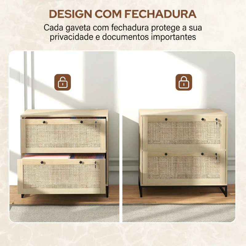 Vinsetto Armário de Arquivo Boho de 2 Gavetas em Rotim com Fechaduras e Barras para Pastas A4, Carta e Ofício 75x40x71,5 cm Carvalho