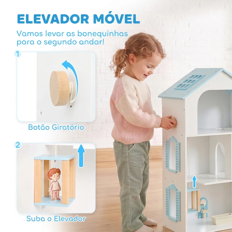 AIYAPLAY Casa de Bonecas de Madeira com 3 Pisos Elevador e Varanda 5 Divisões e 13 Móveis para Crianças dos 3 aos 6 Anos Azul