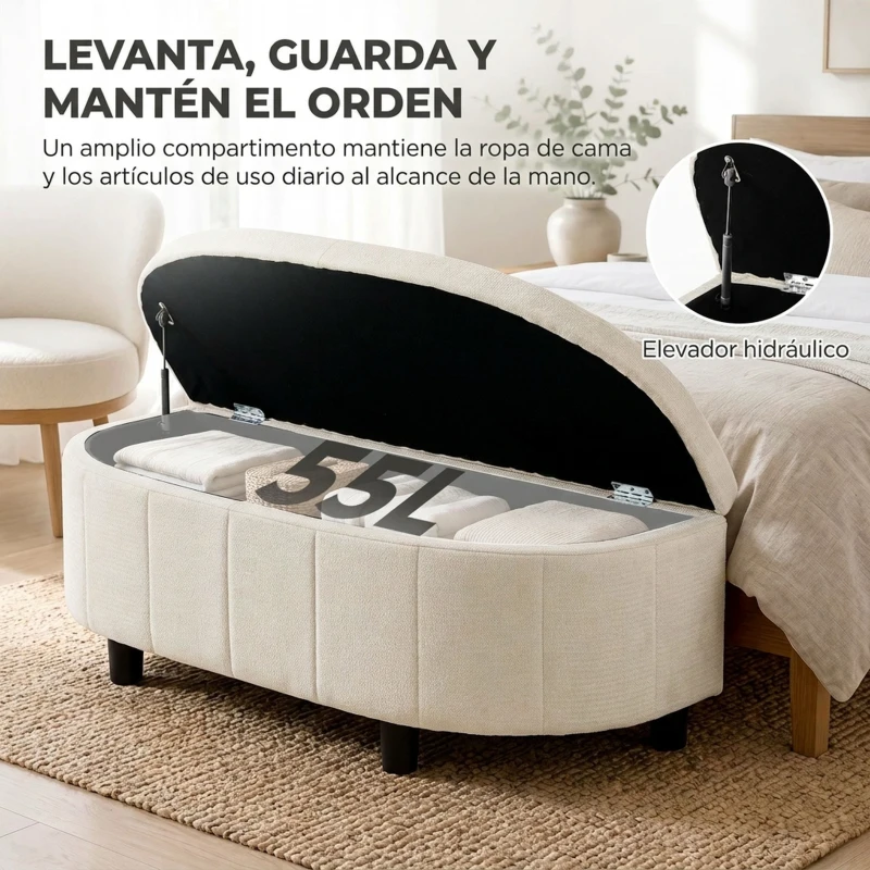 HOMCOM Puff Almacenaje Tapizado en Chenilla con Tapa Diseño Semicircular para Sala de Estar Dormitorio 118x45x44 cm Crema